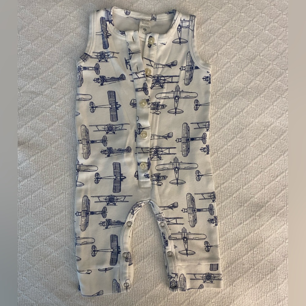 Kate Quinn Blue Vintage Airplane Sleeveless Button Sport Jumpsuit EUC 3-6M